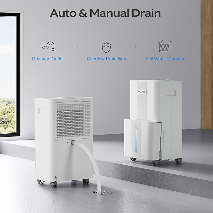 1500 Sq.Ft Dehumidifier for Basement with Drain Hose, Glowells 21 Pints Dehumidifiers for Home, Bathroom, Bedroom Large Room, RV, Three Modes, Quiet with Smart Compressor, Dry Clothes, 24H Timer