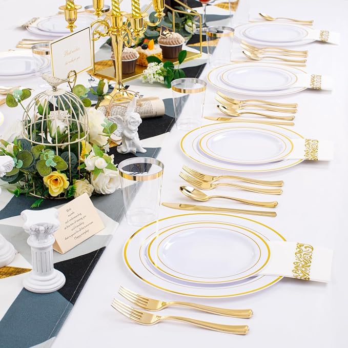 350 Pieces White and Gold Plastic Plates - 50 Guest Dinnerware Set Include 100 Plates, 50 Gold Plastic Silverware, 50 Paper Napkins and 50 Cups for Wedding/Baby Shower/Spring/Birthday/Thanksgiving