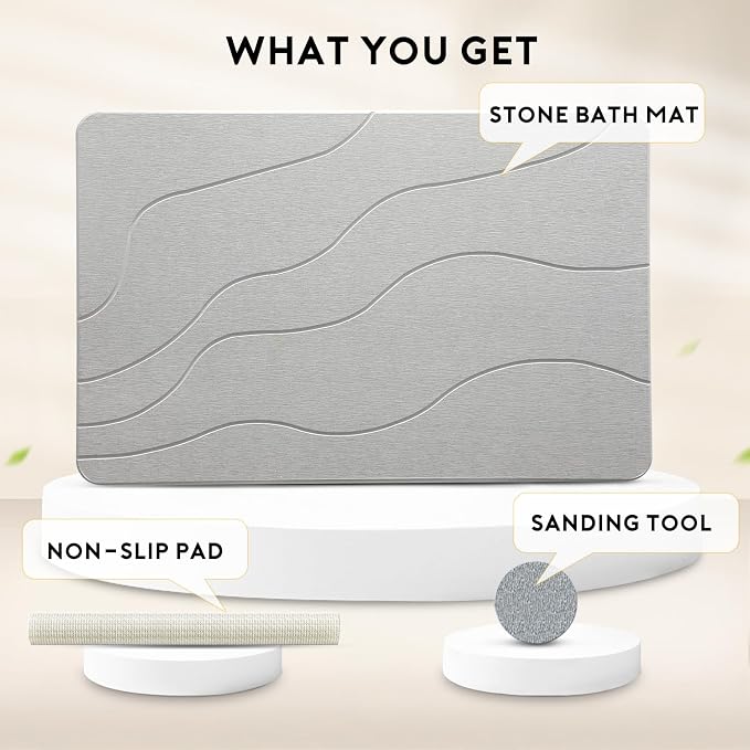 Stone Bath Mat, Quick-Dry Diatomaceous Earth Shower Mat, Absorbent Bathroom Mat for Shower/Tub Exit, New Apartment Essential & Housewarming Gift, 23.5" x 15.5" Light Gray Wave