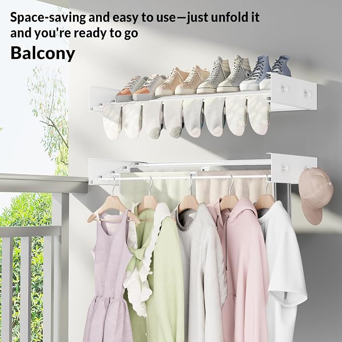 Foldable Wall-Mounted Clothes Drying Rack, 23.6 Inches, Holds up to 60 lbs | Waterproof & Moisture-Resistant, 4 Towel Hooks & 4 Drying Rods, Space-Saving for Bathrooms, Balconies, Hallways and Garages
