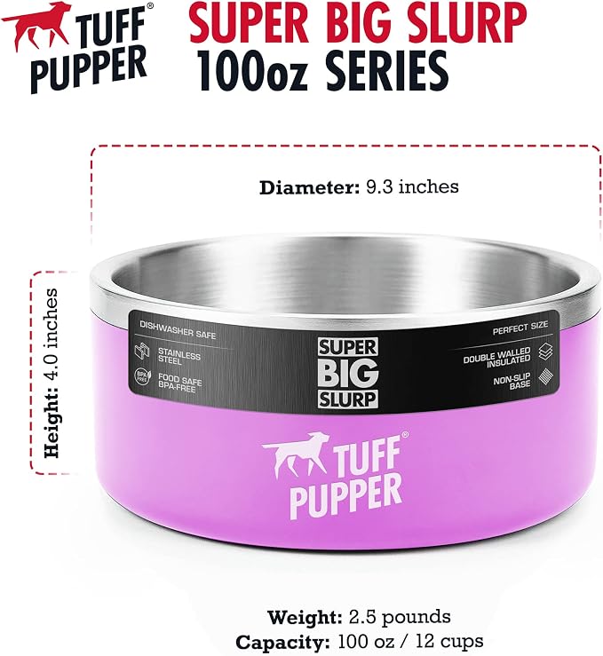 Tuff Pupper 100 oz Heavy Duty Insulated Stainless Steel Dog Bowl for Large Dogs, Non-Slip Base, Dishwasher Safe