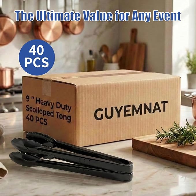 40 PCS Plastic Serving Tongs, Black Disposable Kitchen Salad Tongs | 9 Inch Disposable Serving Utensils Set, Perfect for Kitchen Buffets, BBQ Events Catering