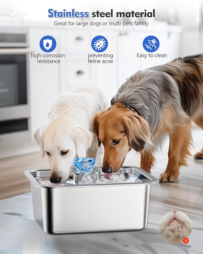 Stainless Steel Water Fountain for Large Dogs 3-Gallon Extra-Large Capacity Pet Water Dispenser Multi-Pet Compatible Drinking Bowl Easy to Clean Quiet Pump Design