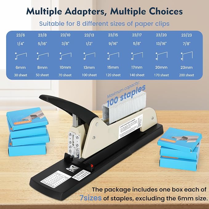 Heavy Duty Long Reach Stapler, 7000 Staples in Various Sizes with 30-200 Sheet Capacity,Long Arm Stapler,9.84”Adjustable Stapling Depth for Booklets & Office Document, Fixable Paper Guide