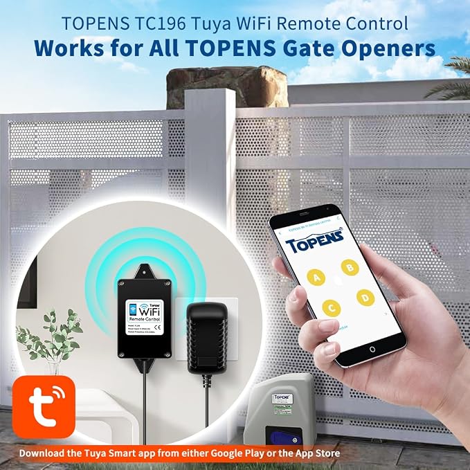 TOPENS TC196 Tuya WiFi Remote Control for Automatic Swing Sliding Gate Opener Garage Door Opener with iOS and Android App WiFi & Bluetooth Security Gate Controller