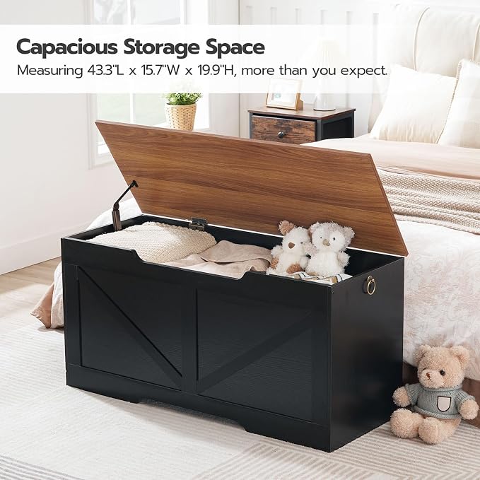 HOOBRO Storage Bench, 39.4" Retro Wooden Storage Chest with U-Shaped Cut-Out Pull, Safety Hinge, Supports 220 lb and Easy Assembly for Toy Box Organizer (Black and Walnut) BH771CW01G1