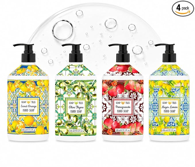 Soap Tiles Hand Soap | Home and Body Company | 21.5 fl oz Bottles | 4 Pack | Sweet Orange | Olive Thyme | Pomegranate | Meyer Lemon