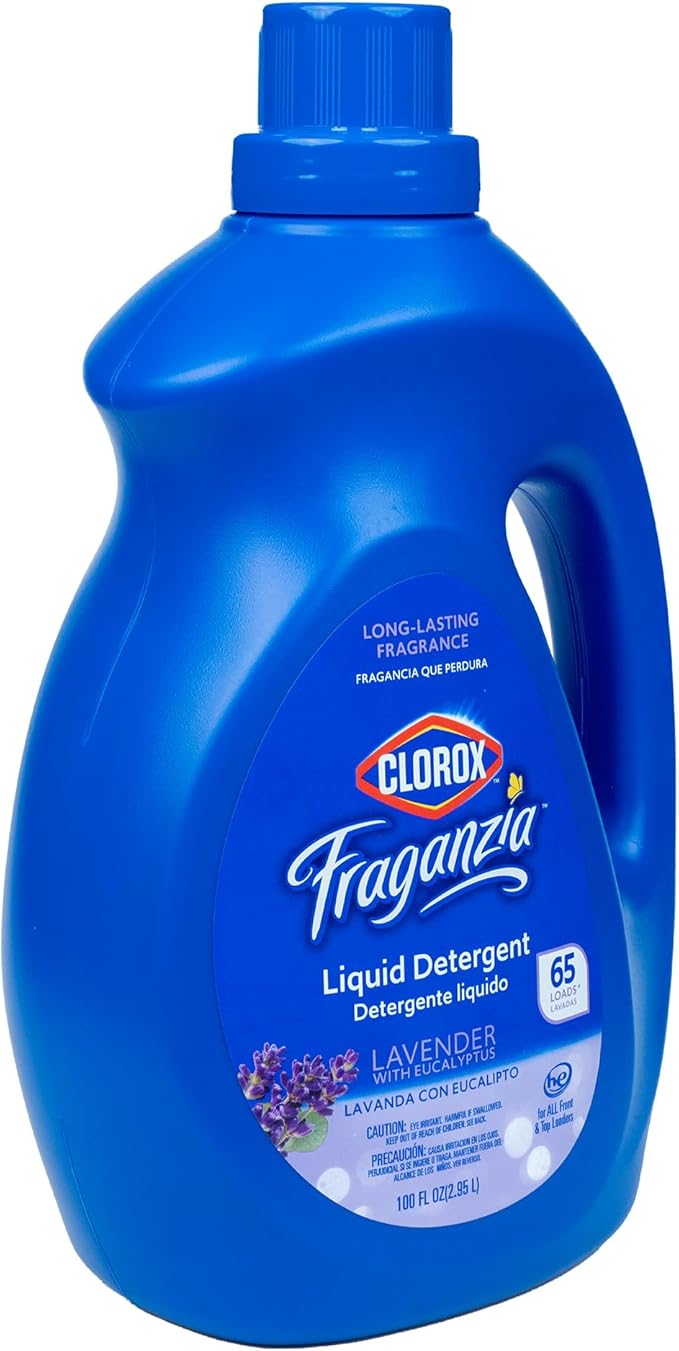 Clorox Fraganzia Liquid Laundry Detergent, Lavender Scent - High Efficiency Formula for All Front and Top Load Washing Machines, Long-Lasting Fragrance, 65 Loads per Bottle, 100 Fl Oz