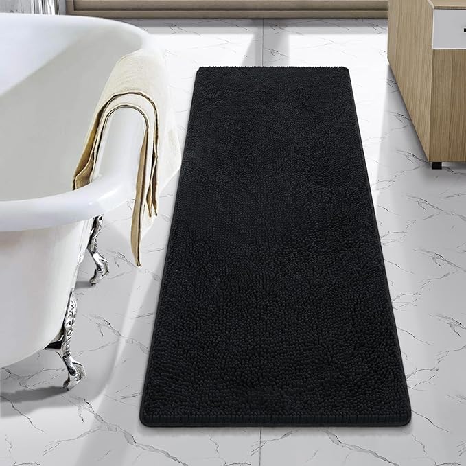 LOCHAS Luxury Bathroom Rug Shaggy Bath Mat 48 x 17 Inch, Black | Washable Non Slip Bath Rugs for Bathroom Shower, Soft Plush Chenille Absorbent Carpets