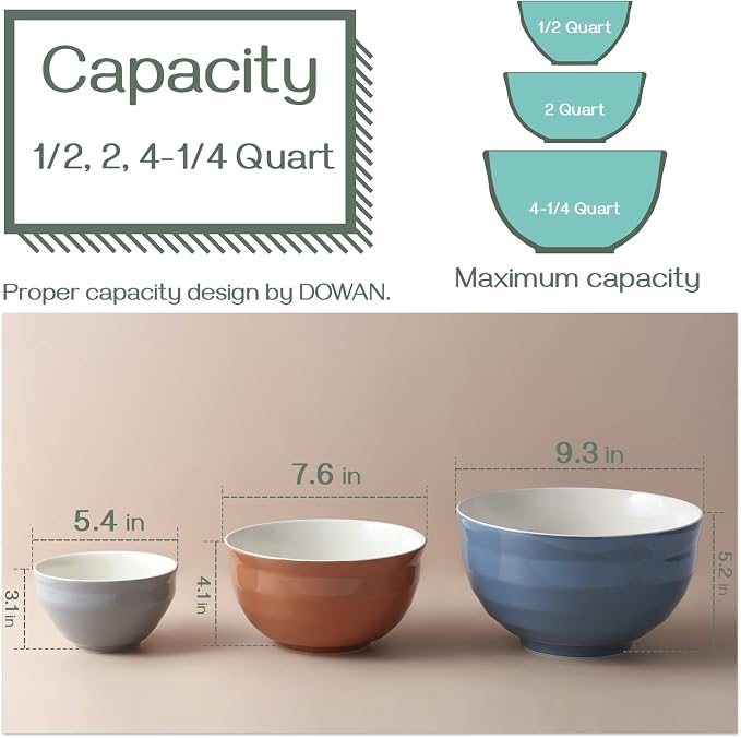 DOWAN Mixing Bowls Set of 3, 4.25/2/0.5 Qt Ceramic Mixing Bowls, Easy-Grip & Stability Design, Mixing Bowls for Kitchen, Nesting Bowls for Space Saving Storage, Versatile for Cooking, Baking, Prepping