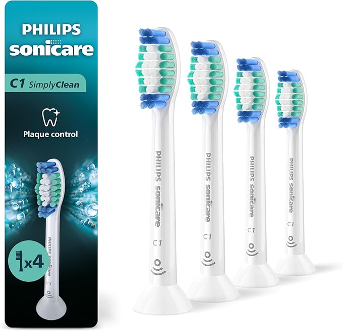 Philips Sonicare C1 SimplyClean - Genuine Replacement Electric Toothbrush Heads, White, 4 Pack One Year Supply, HX6014/65