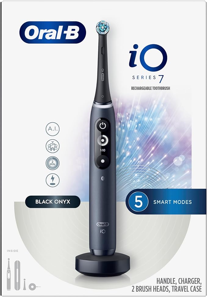 Oral-B Rechargeable Electric Toothbrush, iO7 Adaptable Clean, 5 Cleaning Modes, Visual Pressure Sensor to Protect Gums, Charging Travel Case, 2 Brush Heads, Black