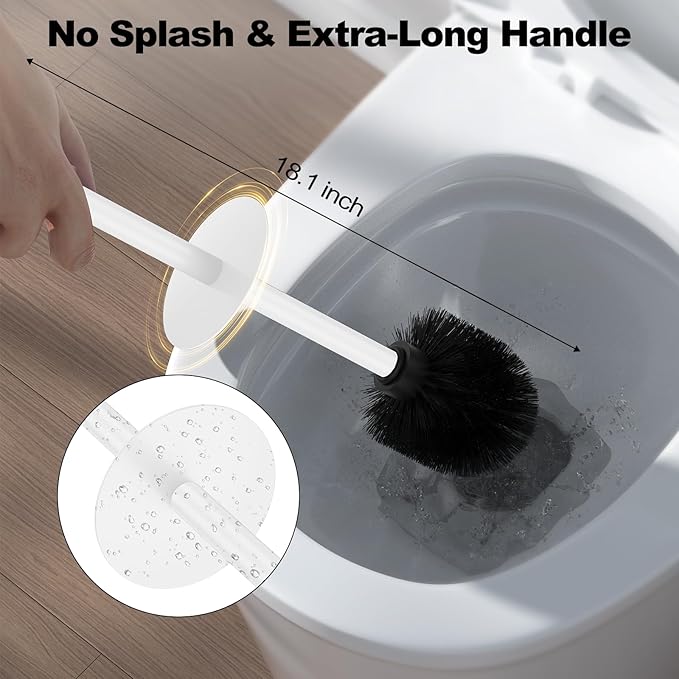White Toilet Brush and Holder Set，Stainless Steel Heavy Duty Toilet Bowl Brush，Extra Long Handled Modern Toilet Cleaner Brush with Replaceable Head, Removable Inner Bowl, and Splash Protection