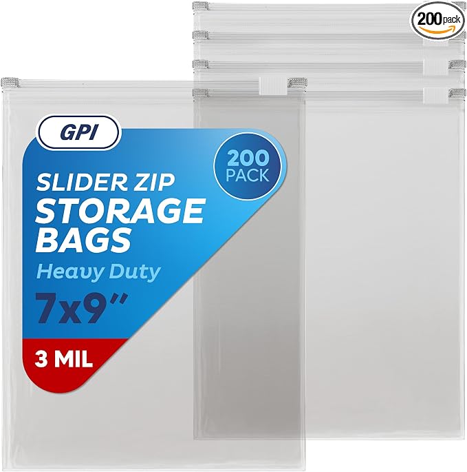 GPI - Slider Zip Food Storage Sandwich Bags, 7" x 9" 3 Mil Heavy Duty, Strong & Durable For Freezer Storage, 200 Count