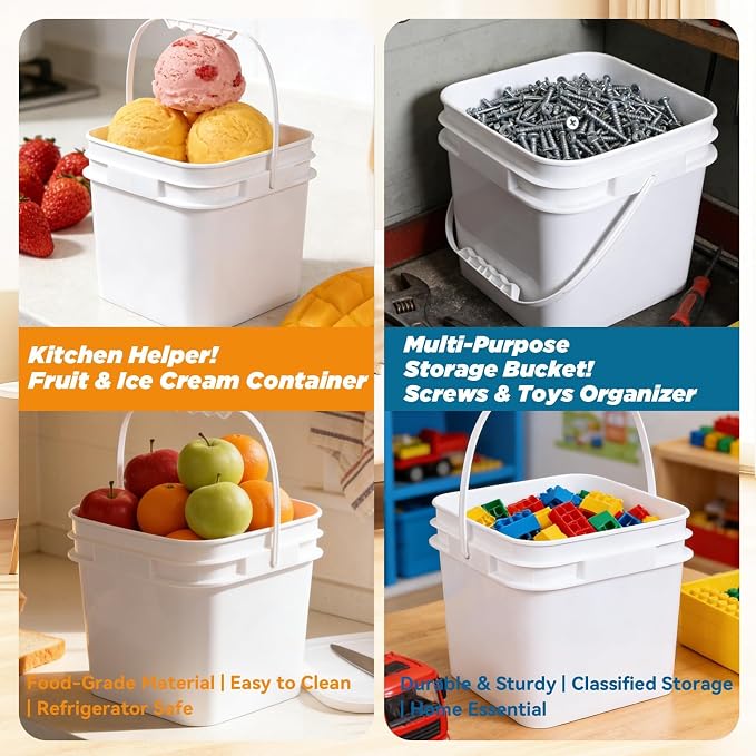 1 Gallon Food Storage Buckets with Lids, 4 Pack Square BPA Free Plastic Containers with Handles and Labels for Rice, Flour, Snacks and Kitchen Storage (White)