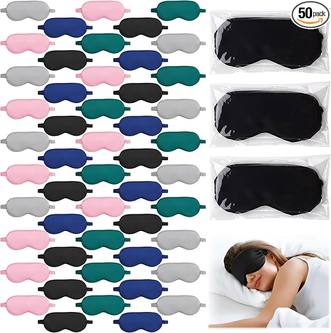 Cutecrop 50 Pcs Silk Sleep Mask Blackout for Women Men, Adjustable Comfortable Eye Cover Blindfold No Pressure for Sleeping, Travel, Napping, 5 Colors(Classic Color)