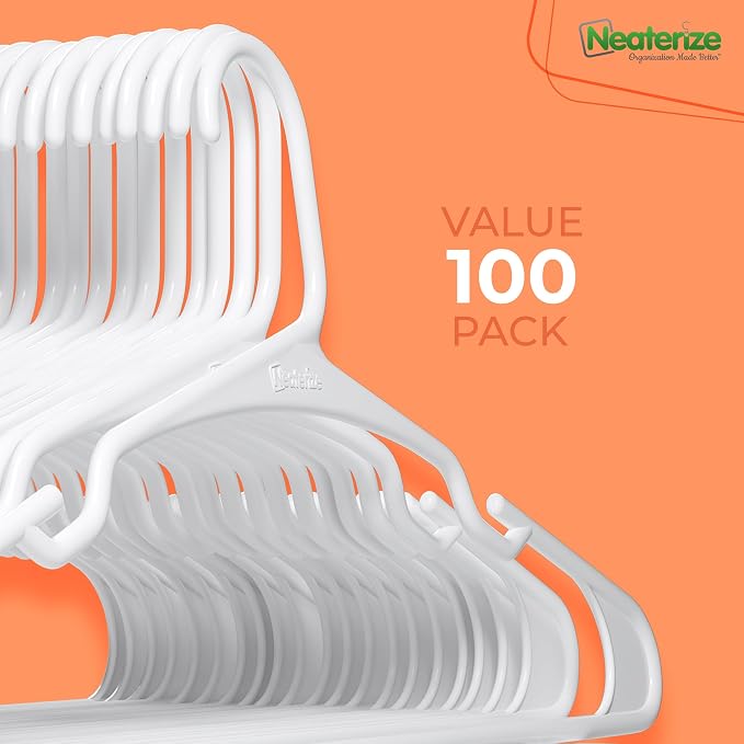NEATERIZE Clothes Hangers Plastic 100 Pack for Adults - Plastic Hangers, The Perfect Coat Hanger and Space Saving Clothes Hangers for Closet - White Hangers