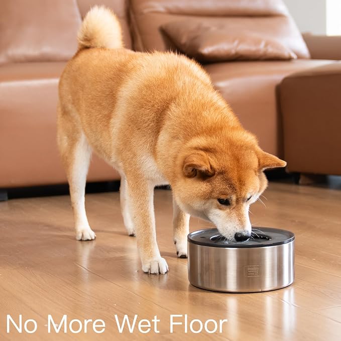 1Gallon No Spill Water Bowl for Dogs, Double-Wall Stainless Steel with Splash-Proof Paws Lid and Floating Disk, Non-Slip Base, Easy to Clean Slow Water Feeder for Large Medium Dogs