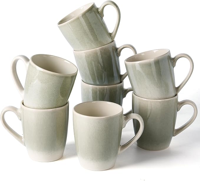 famiware Coffee Mugs Set, 13 oz Mug Set of 8, Stoneware Cups for Latte, Hot Tea, Mocha, Cocoa, Cappuccino, Microwave and Dishwasher Safe, Glacier Series, Sage Green