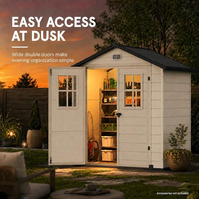DWVO 6x4.4 FT Outdoor Storage Shed, Plastic Garden Tool Shed with 2 Windows, Double-Wall Resin Storage Shed for Lawn Mower, Garden Shed for Backyard Patio, Lockable, Greige&Gray