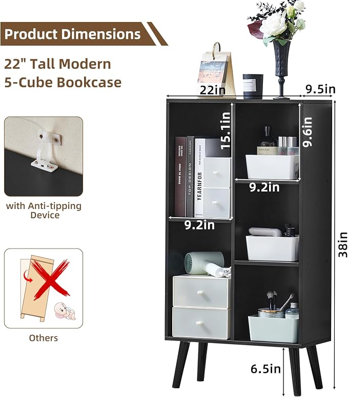 LEYAOYAO 5 Cube Bookshelf, Mid-Century Modern Book Shelf with Legs, Black | 3 Tier Bookcase, Rustic Wood Bookshelves Freestanding Small Storage Organizer, Open Shelves for Bedroom, Living Room, Office