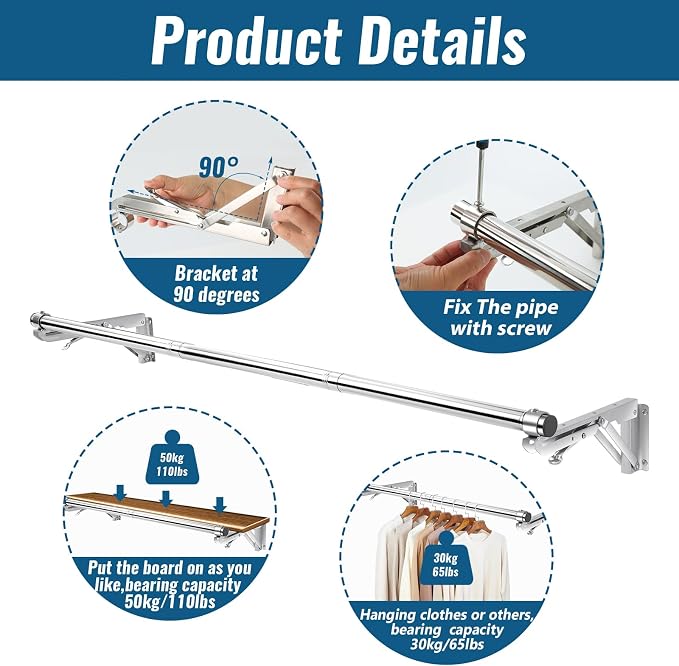 TBMLC Foldable Wall Mounted Clothes Rack- 44'' Long Rod & 2 Thick Bases | Stainless Steel,Multi-Purpose for Space-Saving Garment Rack/Clothes Drying Rack/Clothes Hanger,Detachable Top Shelf Reserved