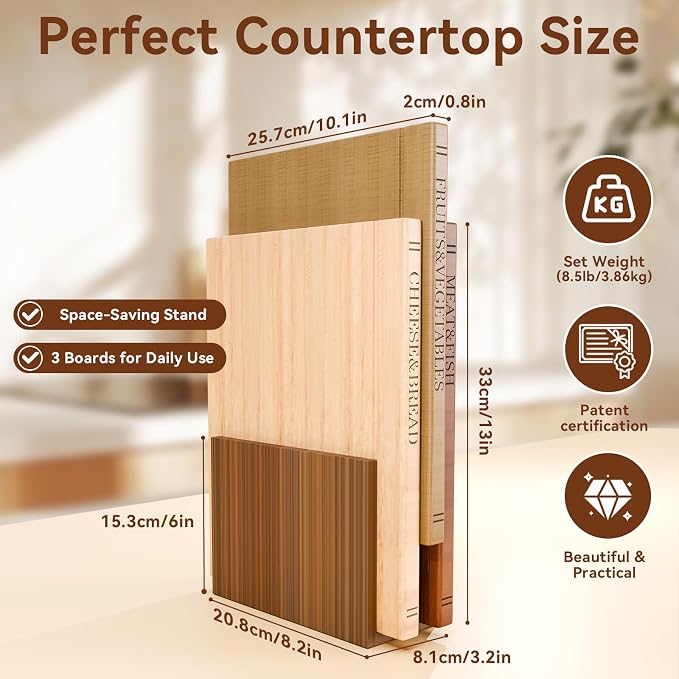 Book Cutting Board Set with Wooden Stand,Wooden Cutting Boards for Kitchen | 3PCS Look Like Books for Vegetables Cheese Meat,Board Gift Set for Book Lovers & Home Cooks Stylish & Practical