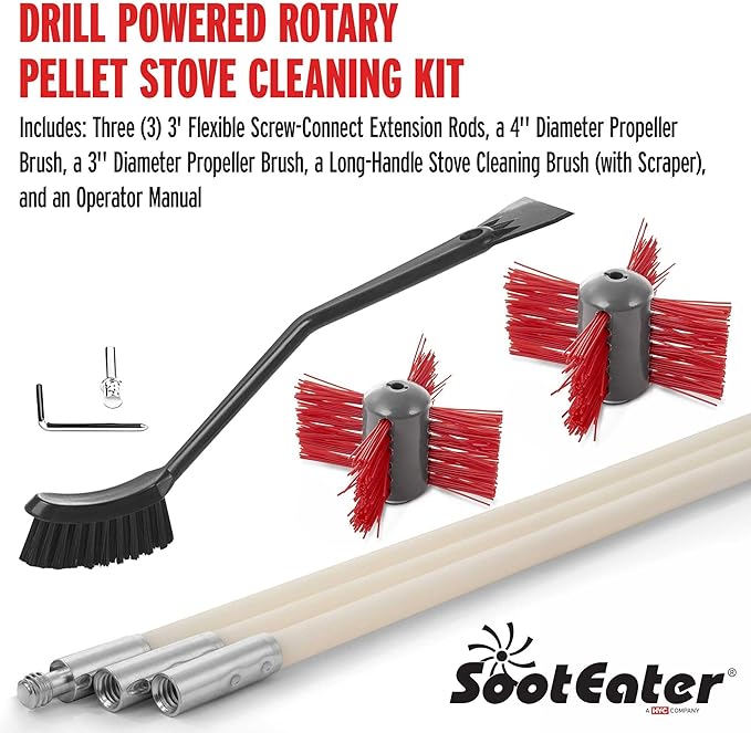Gardus SootEater Pellet Stove Cleaning Kit - Complete Rotary Pellet Stove Vent Kit with Flexible rods, Propeller Pipe Brushes, & Flue Fire Prevention.