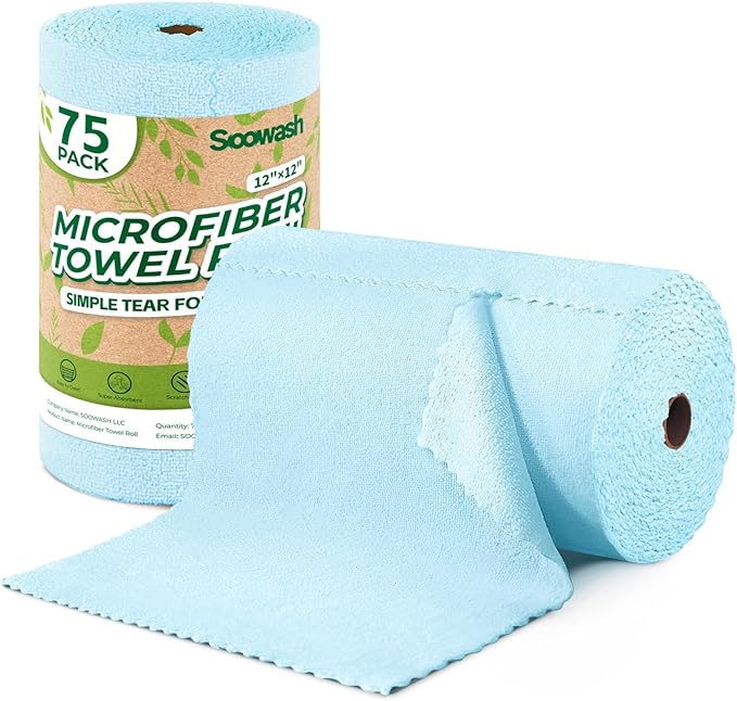 Microfiber Cleaning Cloths Roll, 75 Pack Tear Away Microfiber Towels Roll, 12" x 12" Lint Free Rags, Reusable Cleaning Cloths, Washable, Scratch Free,Ultra Absorbent Dish Rags(Blue)