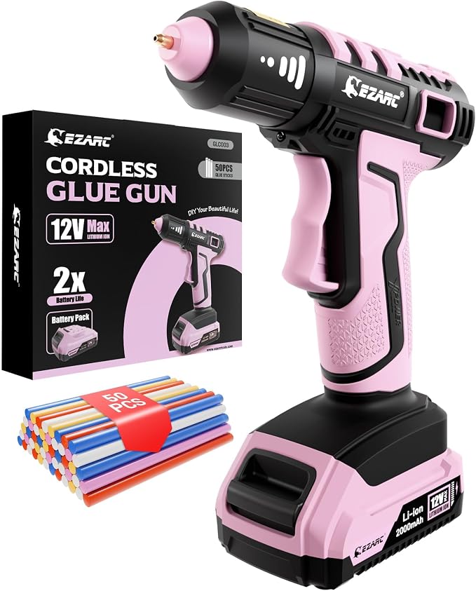 EZARC Cordless Hot Glue Gun, 15s Fast Heating 12V Mini Glue Gun for DIY Crafts, Home Repairs, School Projects, Decorations, with 50 Mini Glue Sticks, Pink