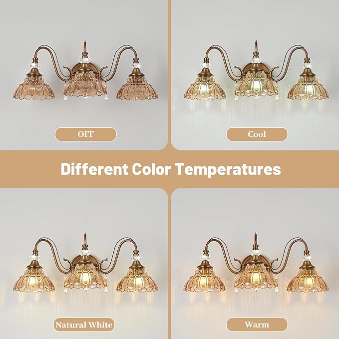 Vintage Bathroom Vanity Light, 3-Light Matte Antique Brass Finish Wall Sconce with Hanging Crystal Accents and Flower-Shaped Amber Glass Shades, Retro Wall Mount Vanity Light Over Mirror for Bathroom