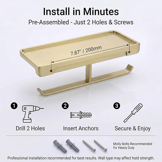 Dual Roll Toilet Paper Holder with Phone Shelf, Solid Metal Bathroom Accessory Tissue Dispenser Storage Wall Mounted, Spot Resist, Brushed Gold