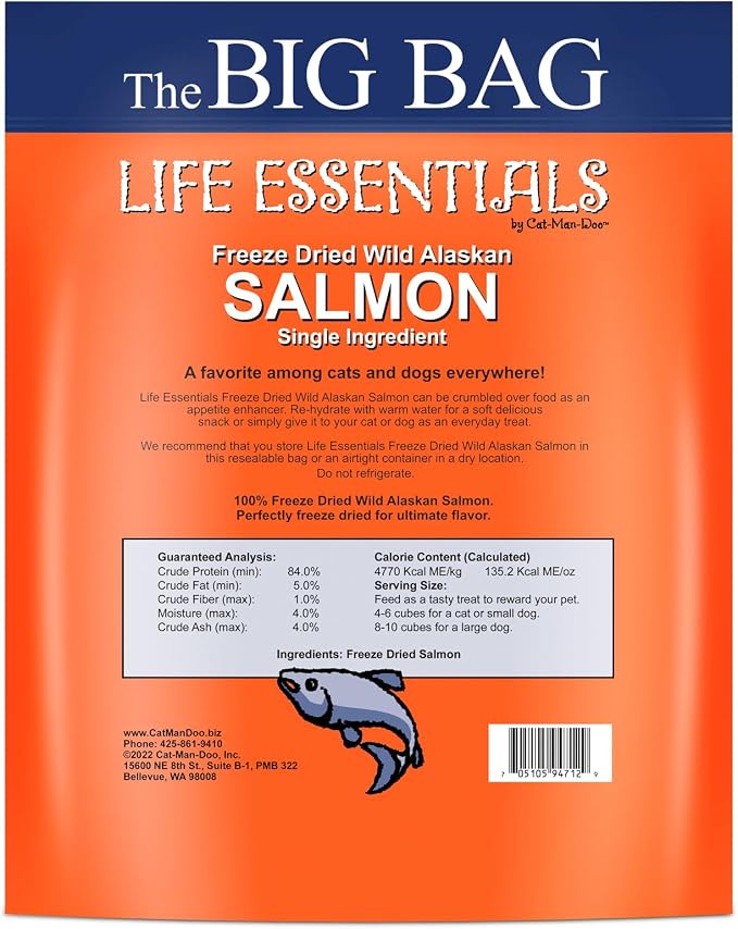 Life Essentials by Cat-Man-Doo | Freeze Dried Salmon Treats | 16oz Bag | Freeze-Dried, Premium Wild Caught Salmon, Healthy, Single Ingredient, High Protein, Pet Treats, Food Topper for Cats & Dogs