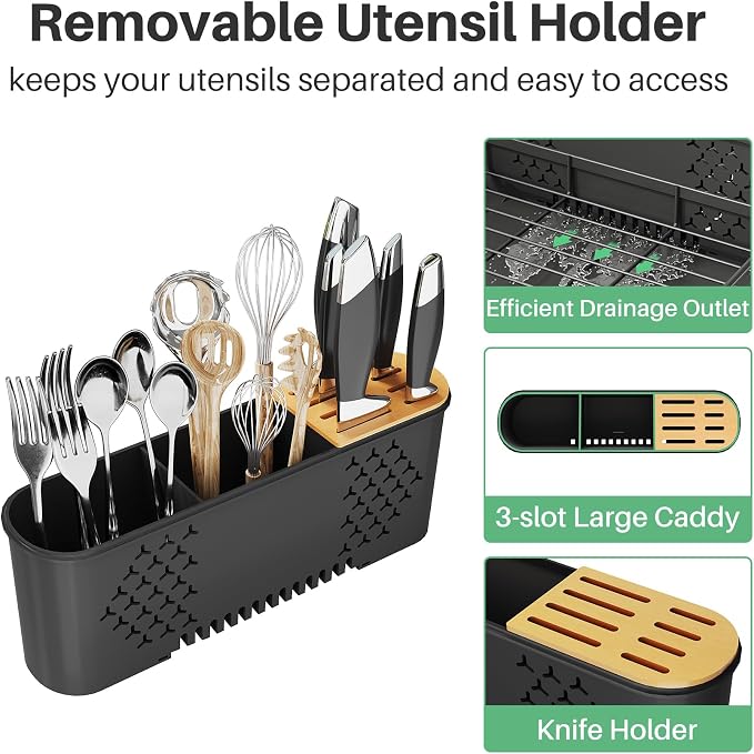 Large Expandable Dish Drying Rack for Kitchen Counter, 19.3-29.4 in, Black | Family Size Capacity, Adjustable Dividers for Pan, Lid & Cutting Board, Stainless Steel, Rotating Spout, Utensil Holder