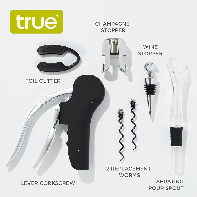 True Wine Tools Set with Cherry Stained Wooden Gift Box, Includes Lever Corkscrew, Foil Cutter, Aerator Pourer, 2 Worms, Chrome Bottle and Champagne Stopper, Home Bar Accessories, 7 Piece