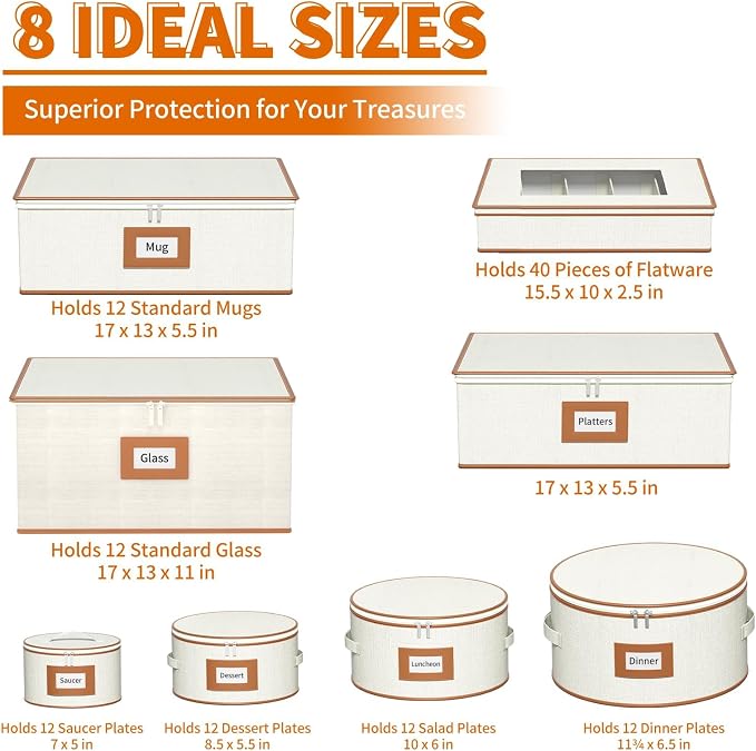 Aokeyee 8-Piece China Storage Containers Set, Hard Shell Moving Boxes for Dishes, Plates, Mugs, Wine Glass & Flatware – Dinnerware Organizer with Soft Felt Dividers, Sturdy Handles & Zippers, Ivory