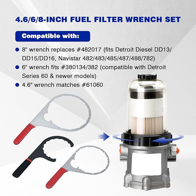 3-Piece Diesel Fuel Filter Wrench Set (4.6/6/8 Inch) - Heavy-Duty Steel w/ Non-Slip Grip - Fits Detroit Diesel DD13/15/16, Navistar, Cummins ISX, Peterbilt - Replaces 482017, 380134, 382, 61060 (RED)