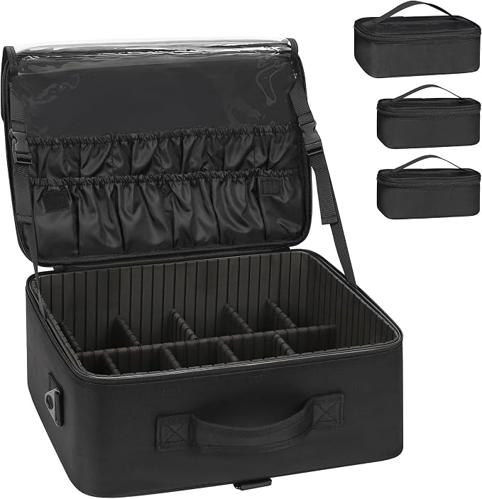 Relavel Large Makeup Case Professional Cosmetic Storage Organizer Box Brush Holder with 3 Clear Set Bags and Adjustable Dividers for Makeup Artists with Shoulder Strap