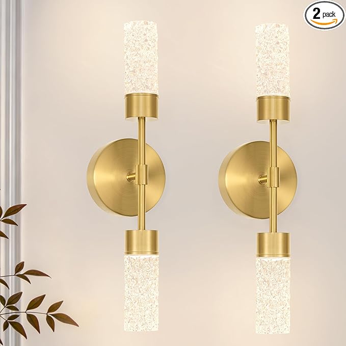 Brushed Gold Wall Sconces Set of 2, Hardwired 3000k Crystal Bathroom Sconces, Modern Sconces Wall Light Fixtures, Bathroom Vanity Light Fixtures Wall Decor Bathroom Mirror Living Room Hallway Bedroom