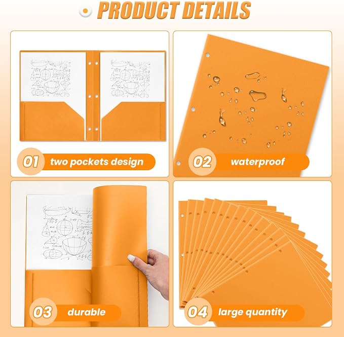 Yeaqee 50 Pcs Plastic Folders with Pockets Bulk 3 Hole Punched 2 Pocket File Folders for 3 Ring Binder Divider Folder for Notebooks, Durable Poly for Office Home (Orange)