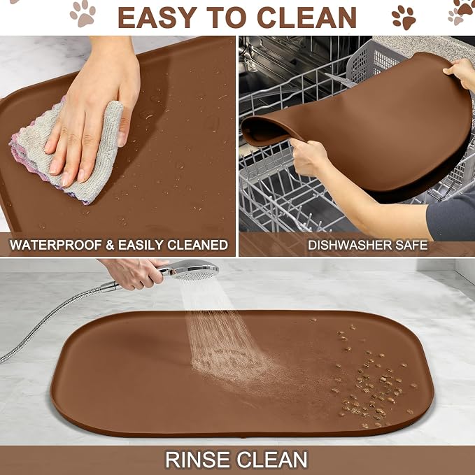SMILOOL Waterproof Silicone Pet Food Mat with Raised Edge for Dog & Cat | 36" x 24" Non-Slip Large Pet Feeding Mats with Lip for Food & Water Bowl, Food Grade, Easy Cleaning, Brown
