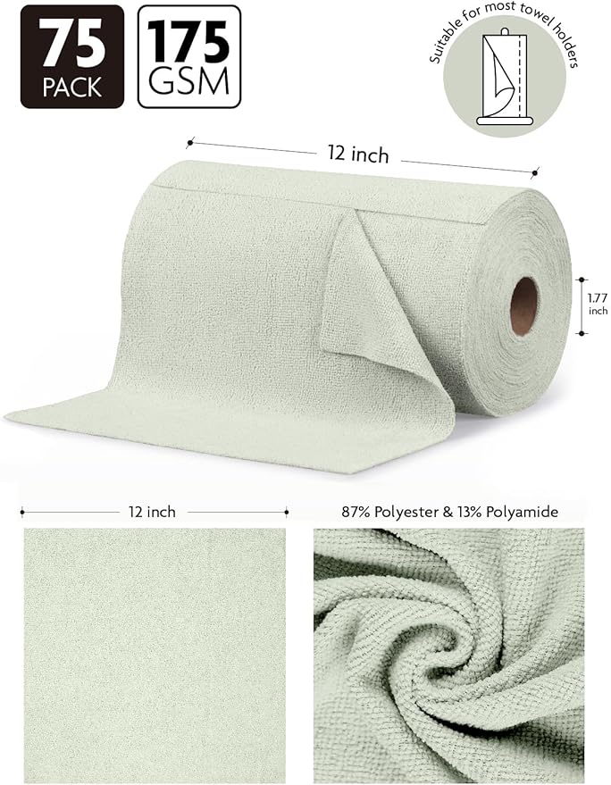 Fantasticlean Microfiber Cleaning Cloth Roll -75 pack, Tear Away Microfiber Towels, 12" x 12", Reusable, Washable, Scratch Free, Ultra Absorbent Dishcloth for All-around Cleaning Supplies (Moss Green)