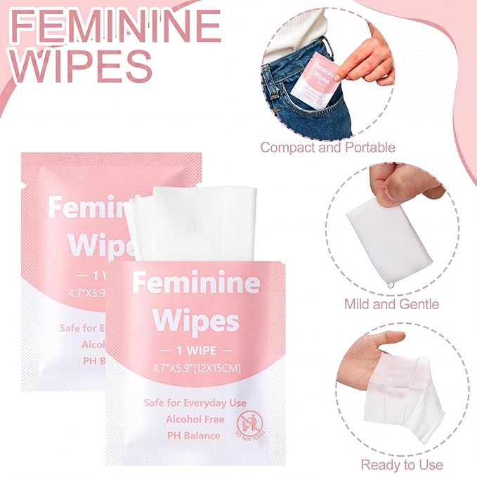 300 Pieces Bulk Feminine Wipes Individually Wrapped Travel Size Women Unscented Intimate Period Cleansing Wipes Deodorant Feminine Products Care Kits Private Parts Ph Balanced(Pink)