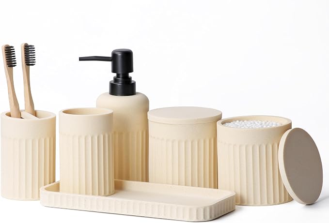 INIUNIK Bathroom Accessory Set - 6 Pieces Bathroom Accessories Set Complete with Soap Dispenser, Toothbrush Holders, Tumbler, Vanity Tray and 2 Qtip Holder for Home Organizer and Decor, Beige