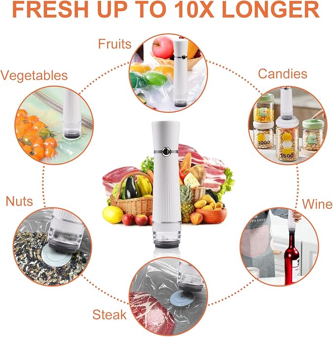 Handheld Vacuum Sealer, Detachable & Easy to Clean, Includes 5 Reusable Bags, Portable Food Saver, Extends Freshness 10x, Auto Power Off, for Kitchen, Travel & Outdoor