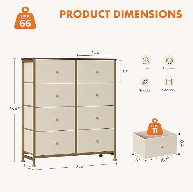 Sweetcrispy 8 Drawer Dresser for Bedroom, Organizer Storage Drawers, Khaki | Fabric Storage Tower, Chest of Drawers with Steel Frame, Wood Top for Living Room, Closet