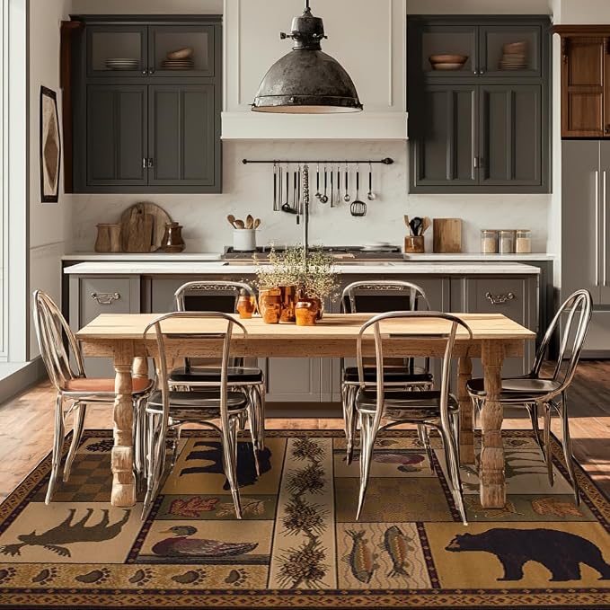 Rustic Lodge Cabin Bear Area Rug for Living Room Soft Vintage Maple Leaves Print Carpet Apartment Decor Brown Wildlife Rugs 5'x7'