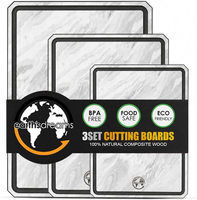 Earth's Dreams Composite Wood Cutting Board Set of 3, Marble Stone Look | Dishwasher Safe,Built In Juice Groove, Non-Toxic, Large, Medium & Small Non-Slip Wood Charcuterie & Chopping Boards
