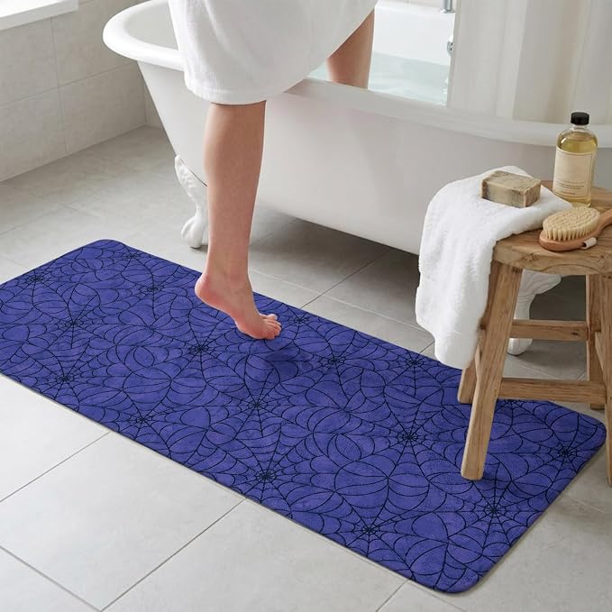 Navy Blue Halloween Bathroom Runner Rugs Non Slip Washable Absorbent Narrow Long Bath Mat Black Spiders Net Classic Gingham Runner Rugs for Kitchen Hallway Bedroom Laundry Study Room 19.7"x63"
