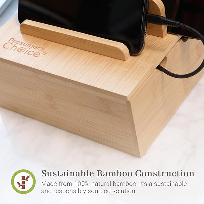 Prosumer's Choice Wooden Charging Station Organizer - 5-Port Base for Phones, Tablets and Laptops - Multi-Device Docking Station with Removable Divider Slots - Cord Box with Cable Management - Bamboo